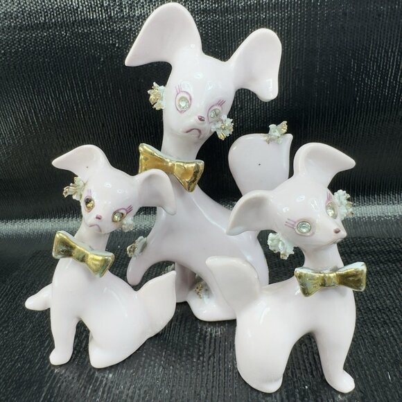 Thames Pink Ceramic Poodle Figurines Gold Bows Rhinestone Eyes Spaghetti Set 3 - Picture 1 of 15